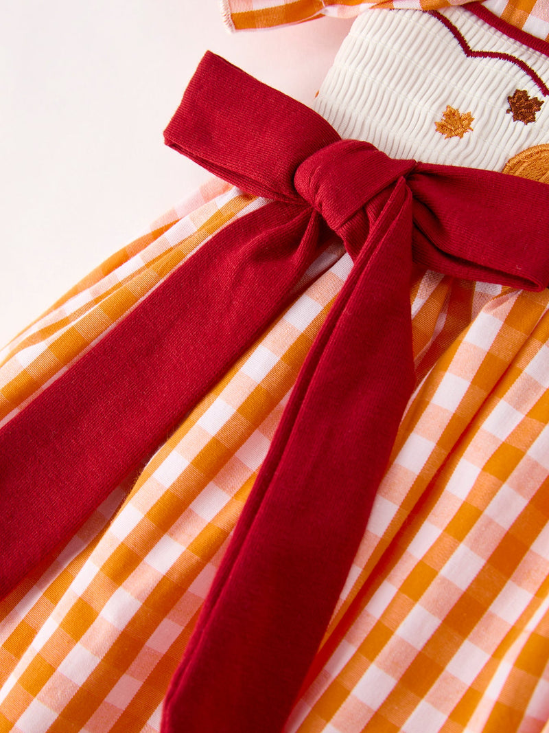 Fall Turkey Embroidered Dress for Girls – Orange Checkered with Thanksgiving Details - 4