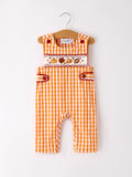 Fall Turkey Embroidered Romper for Baby Boys – Orange Checkered with Thanksgiving Details - 1