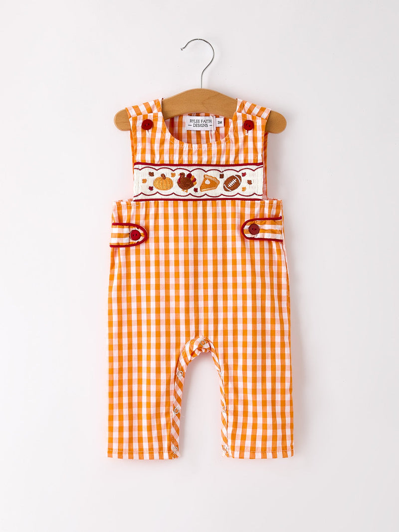 Fall Turkey Embroidered Romper for Baby Boys – Orange Checkered with Thanksgiving Details - 1