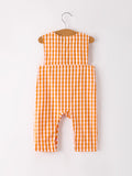 Fall Turkey Embroidered Romper for Baby Boys – Orange Checkered with Thanksgiving Details - 2