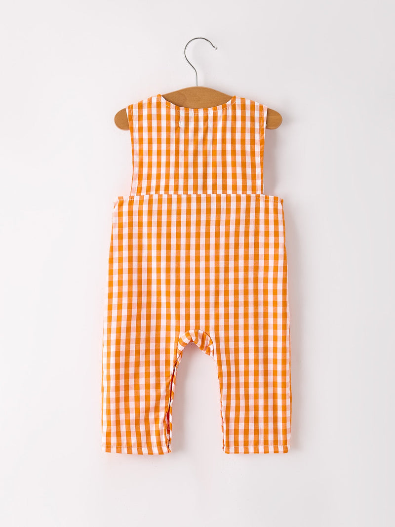 Fall Turkey Embroidered Romper for Baby Boys – Orange Checkered with Thanksgiving Details - 2