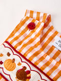Fall Turkey Embroidered Romper for Baby Boys – Orange Checkered with Thanksgiving Details - 3