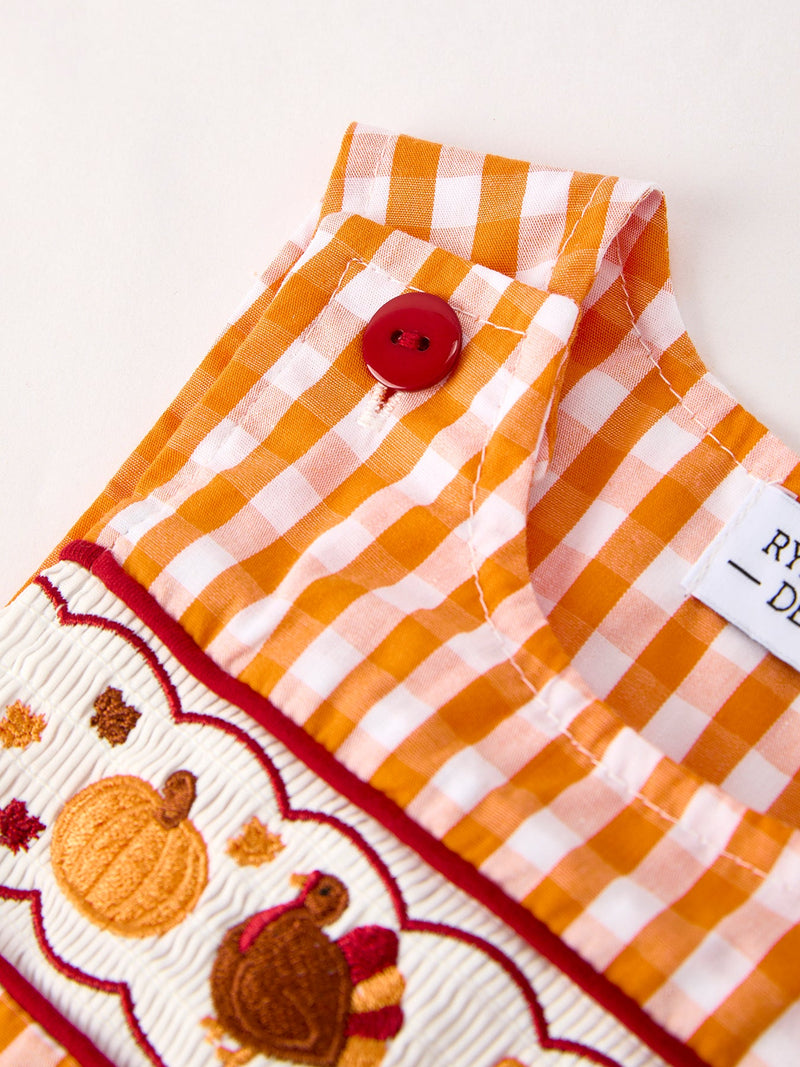 Fall Turkey Embroidered Romper for Baby Boys – Orange Checkered with Thanksgiving Details - 3