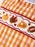 Fall Turkey Embroidered Romper for Baby Boys – Orange Checkered with Thanksgiving Details - 4