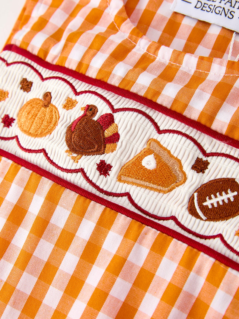 Fall Turkey Embroidered Romper for Baby Boys – Orange Checkered with Thanksgiving Details - 4
