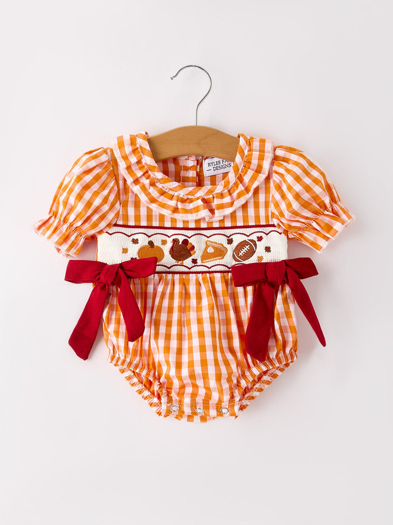 Turkey Fall Embroidered Romper for Baby Girls – Orange Checkered with Thanksgiving Details - 1