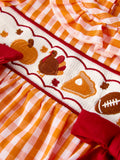 Turkey Fall Embroidered Romper for Baby Girls – Orange Checkered with Thanksgiving Details - 3