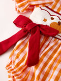 Turkey Fall Embroidered Romper for Baby Girls – Orange Checkered with Thanksgiving Details - 4