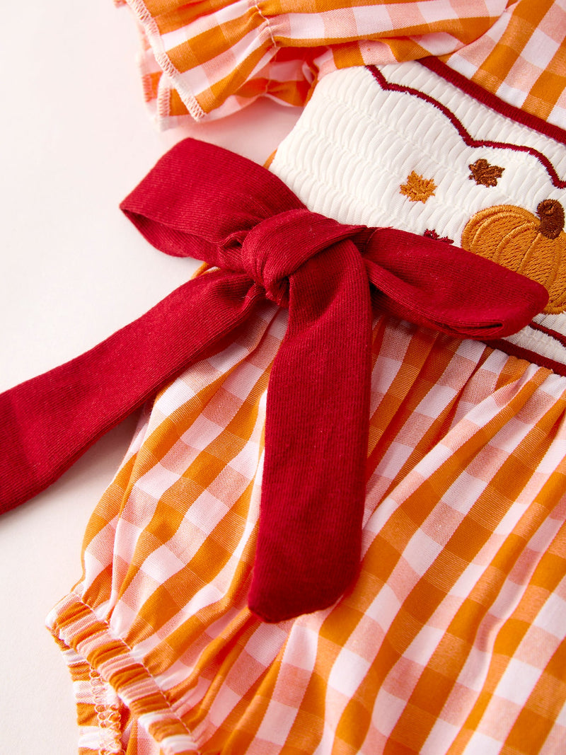 Turkey Fall Embroidered Romper for Baby Girls – Orange Checkered with Thanksgiving Details - 4