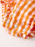 Turkey Fall Embroidered Romper for Baby Girls – Orange Checkered with Thanksgiving Details - 5