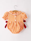 Turkey Fall Embroidered Romper for Baby Girls – Orange Checkered with Thanksgiving Details - 2