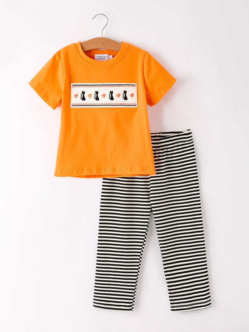 Halloween Striped Boy Set with Cat Smocking Embroidery –  Perfect for Fall - 1