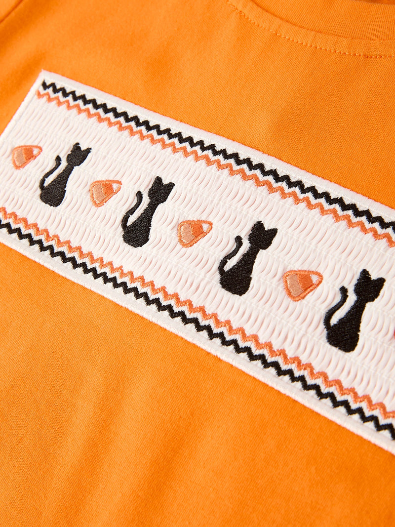 Halloween Striped Boy Set with Cat Smocking Embroidery –  Perfect for Fall - 4