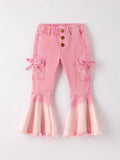 Pink Bell Bottom Jeans – Frayed Hem with Cargo Pockets - 1
