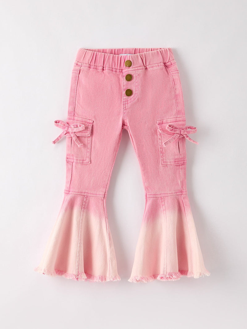 Pink Bell Bottom Jeans – Frayed Hem with Cargo Pockets - 1