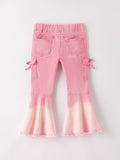 Pink Bell Bottom Jeans – Frayed Hem with Cargo Pockets - 2