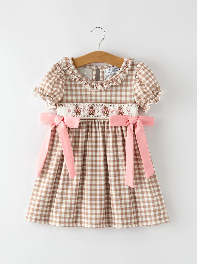Christmas Vintage-Style Plaid Dress with Embroidered Gingerbread and Bows - 7