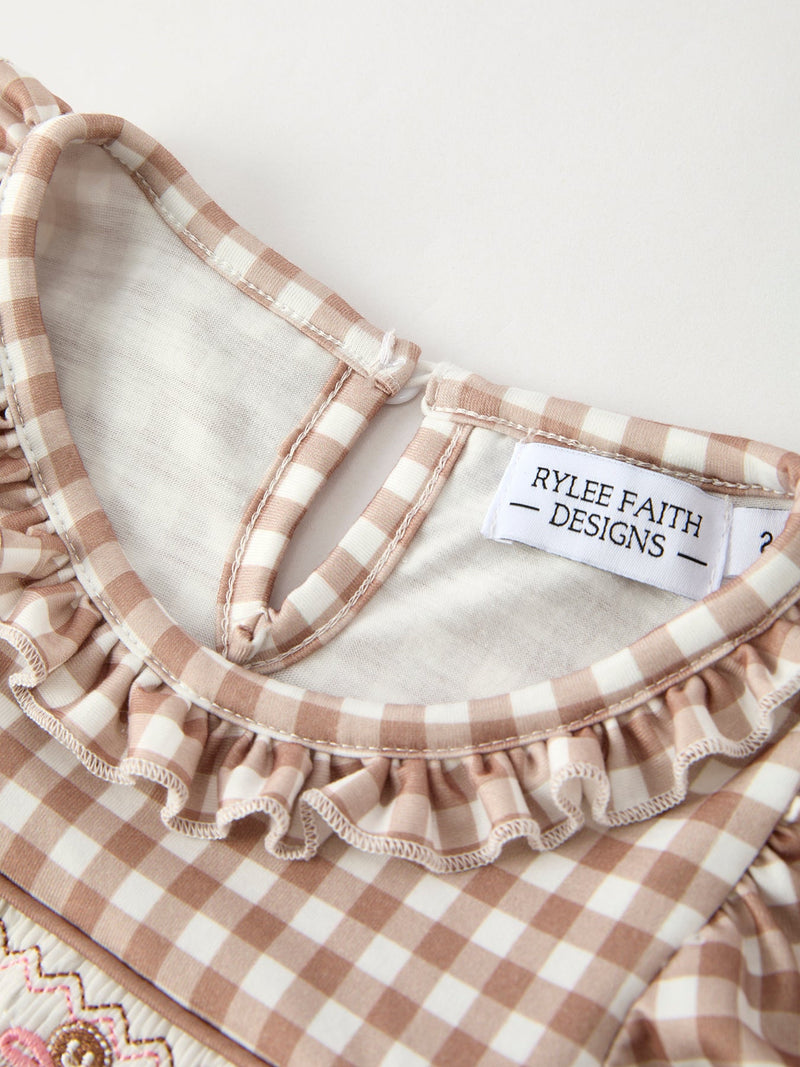 Christmas Vintage-Style Plaid Dress with Embroidered Gingerbread and Bows - 9
