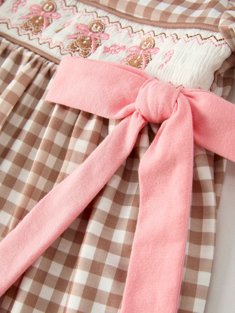 Christmas Vintage-Style Plaid Dress with Embroidered Gingerbread and Bows - 10