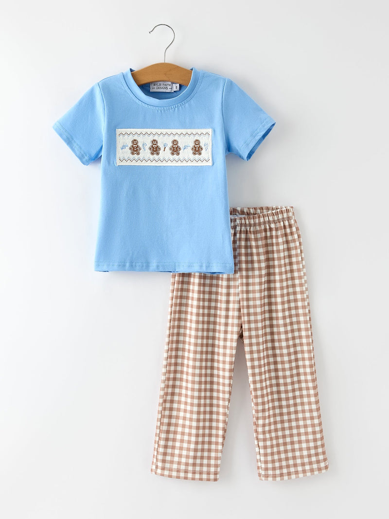 Christmas Vintage-Style Embroidered Gingerbread Plaid Boys Set - 1