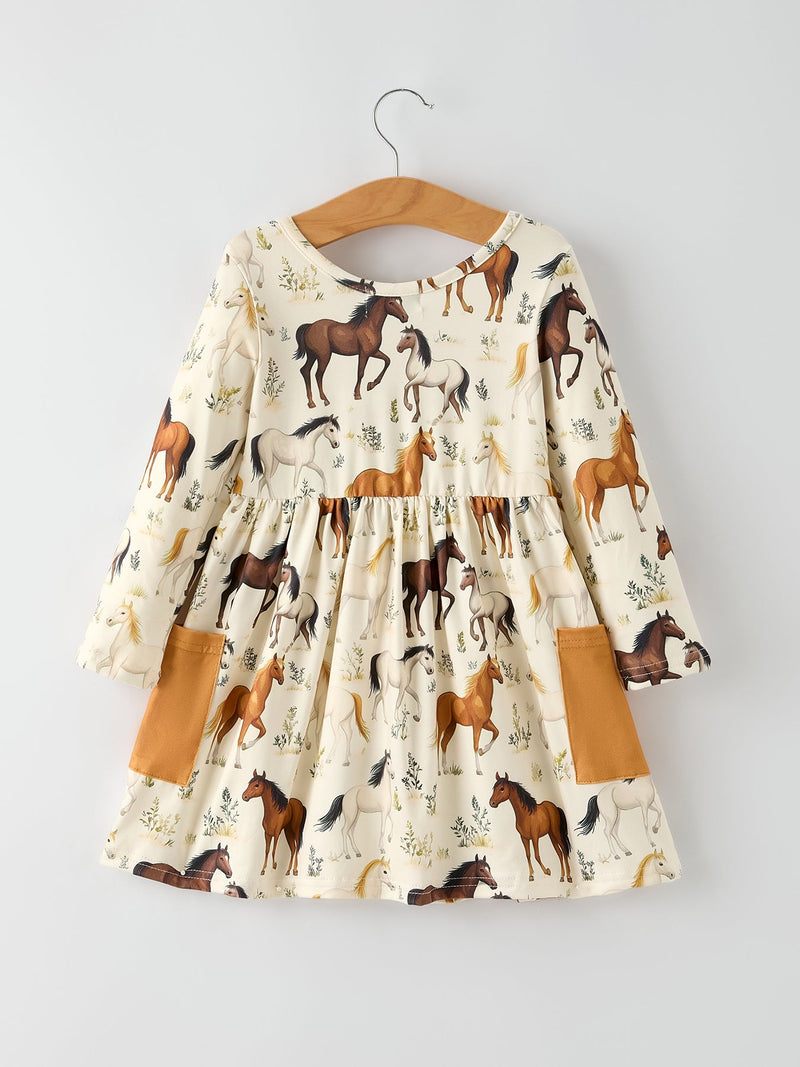 Western Horse Print Long Sleeve Dress - 8