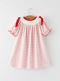 Pink Gingham Christmas Girls Dress: Santa Embroidery with Red Satin Ribbon - 2