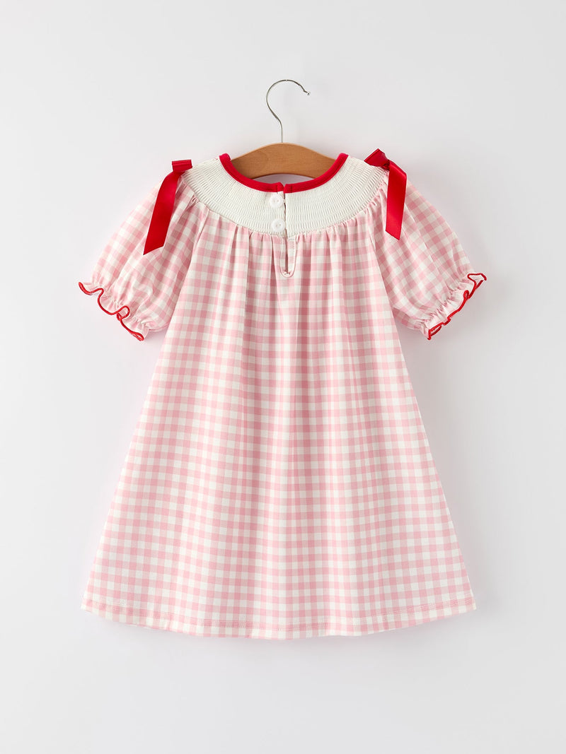 Pink Gingham Christmas Girls Dress: Santa Embroidery with Red Satin Ribbon - 2