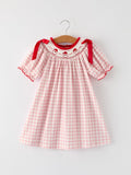 Pink Gingham Christmas Girls Dress: Santa Embroidery with Red Satin Ribbon - 1