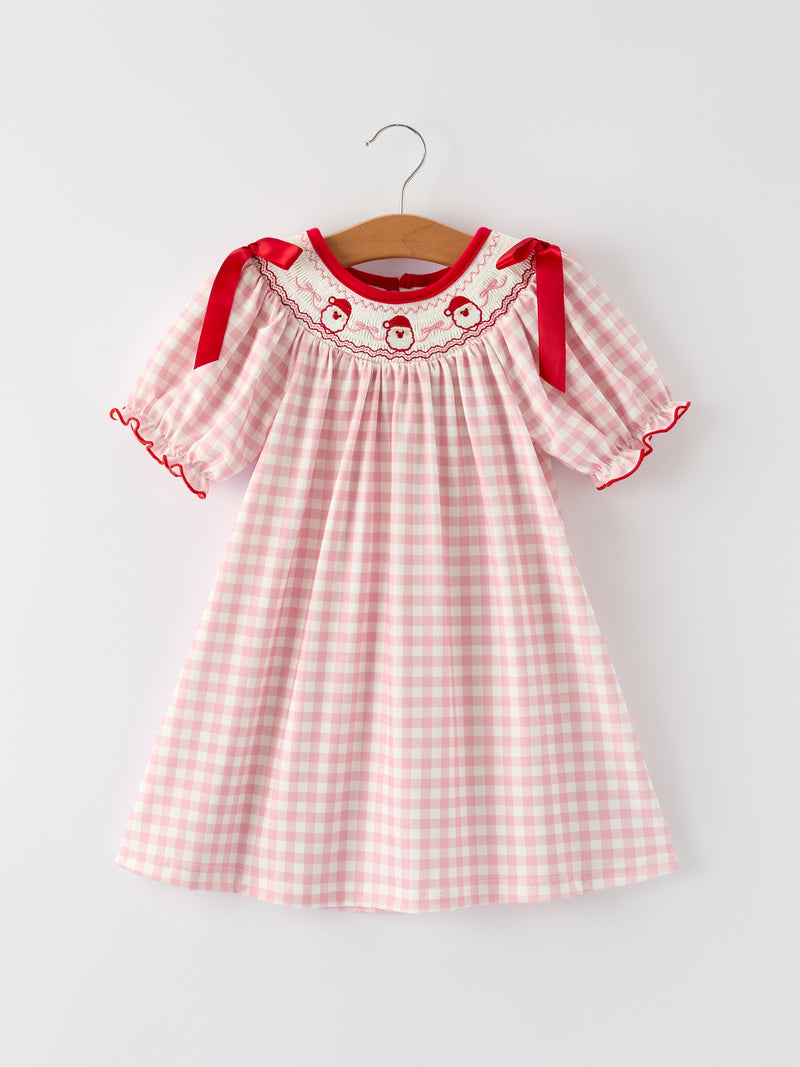 Pink Gingham Christmas Girls Dress: Santa Embroidery with Red Satin Ribbon - 1