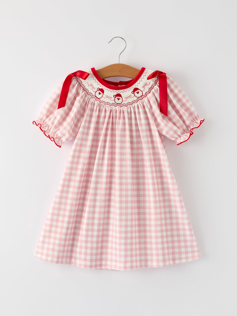 Pink Gingham Christmas Girls Dress: Santa Embroidery with Red Satin Ribbon