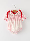 Pink Gingham Christmas Baby Girls Romper: Santa Embroidery with Red Satin Ribbon - 1