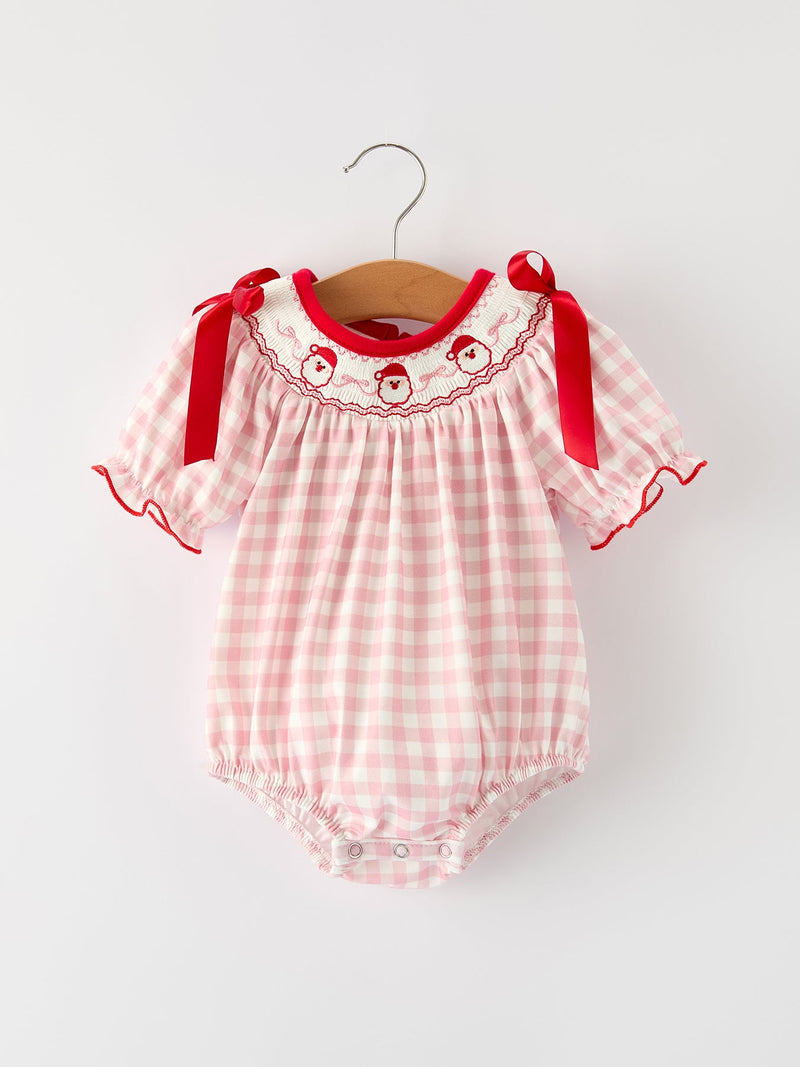 Pink Gingham Christmas Baby Girls Romper: Santa Embroidery with Red Satin Ribbon - 1