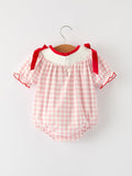 Pink Gingham Christmas Baby Girls Romper: Santa Embroidery with Red Satin Ribbon - 2