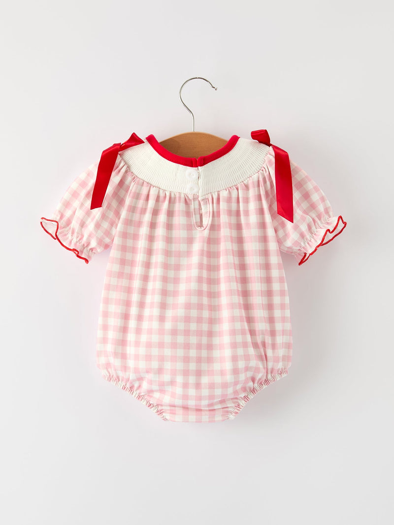 Pink Gingham Christmas Baby Girls Romper: Santa Embroidery with Red Satin Ribbon - 2