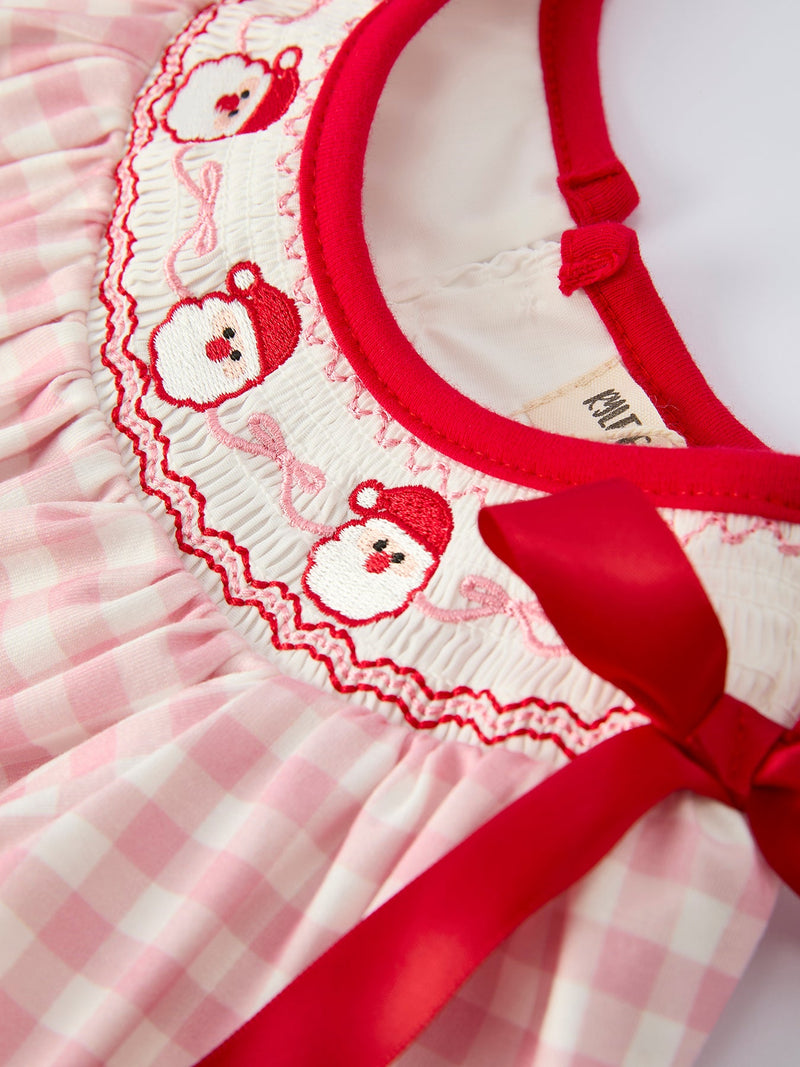 Pink Gingham Christmas Baby Girls Romper: Santa Embroidery with Red Satin Ribbon - 3