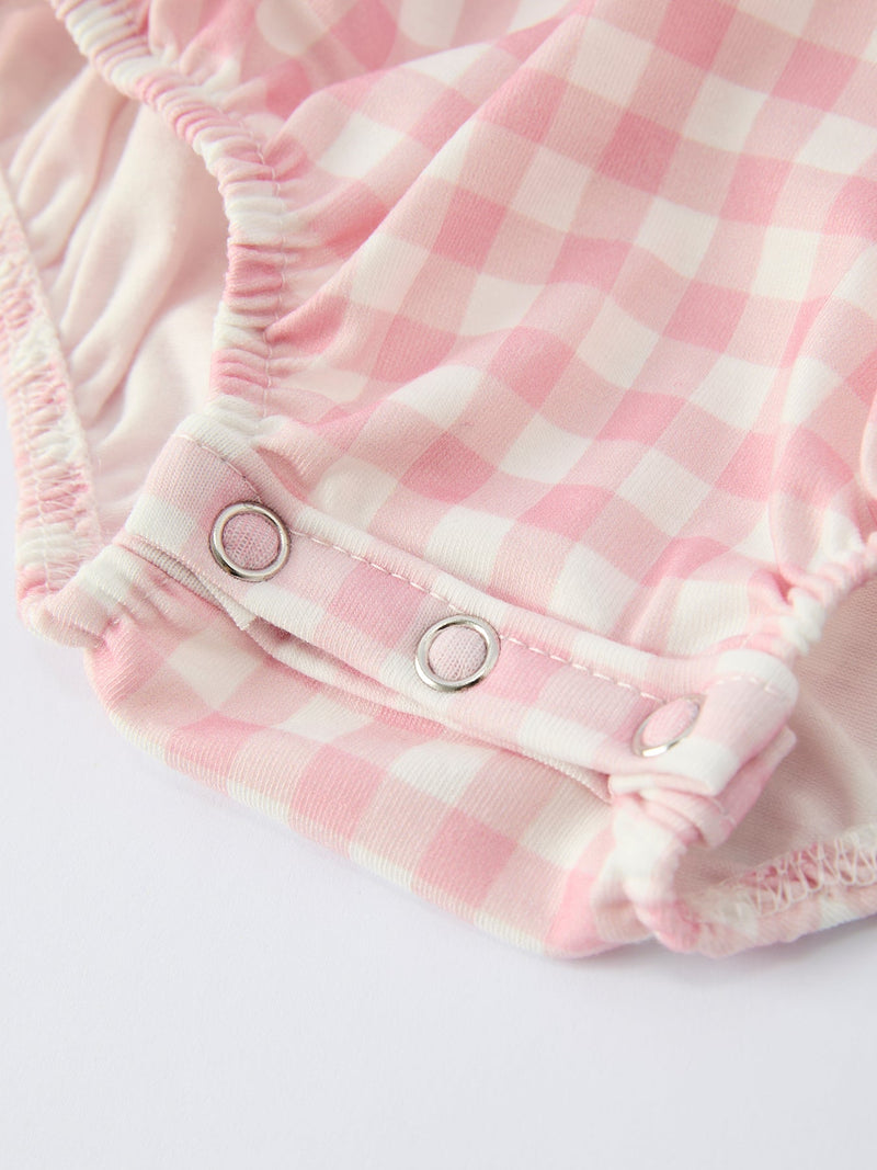 Pink Gingham Christmas Baby Girls Romper: Santa Embroidery with Red Satin Ribbon - 5