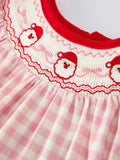 Pink Gingham Christmas Girls Dress: Santa Embroidery with Red Satin Ribbon - 3