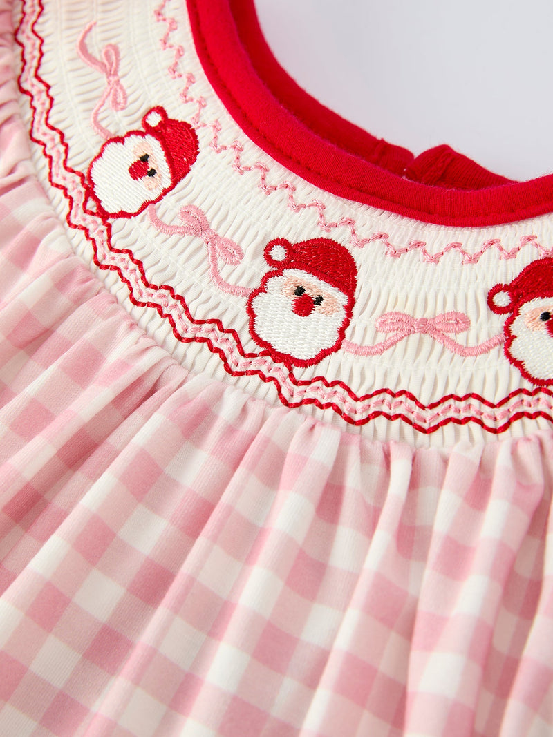 Pink Gingham Christmas Girls Dress: Santa Embroidery with Red Satin Ribbon - 3