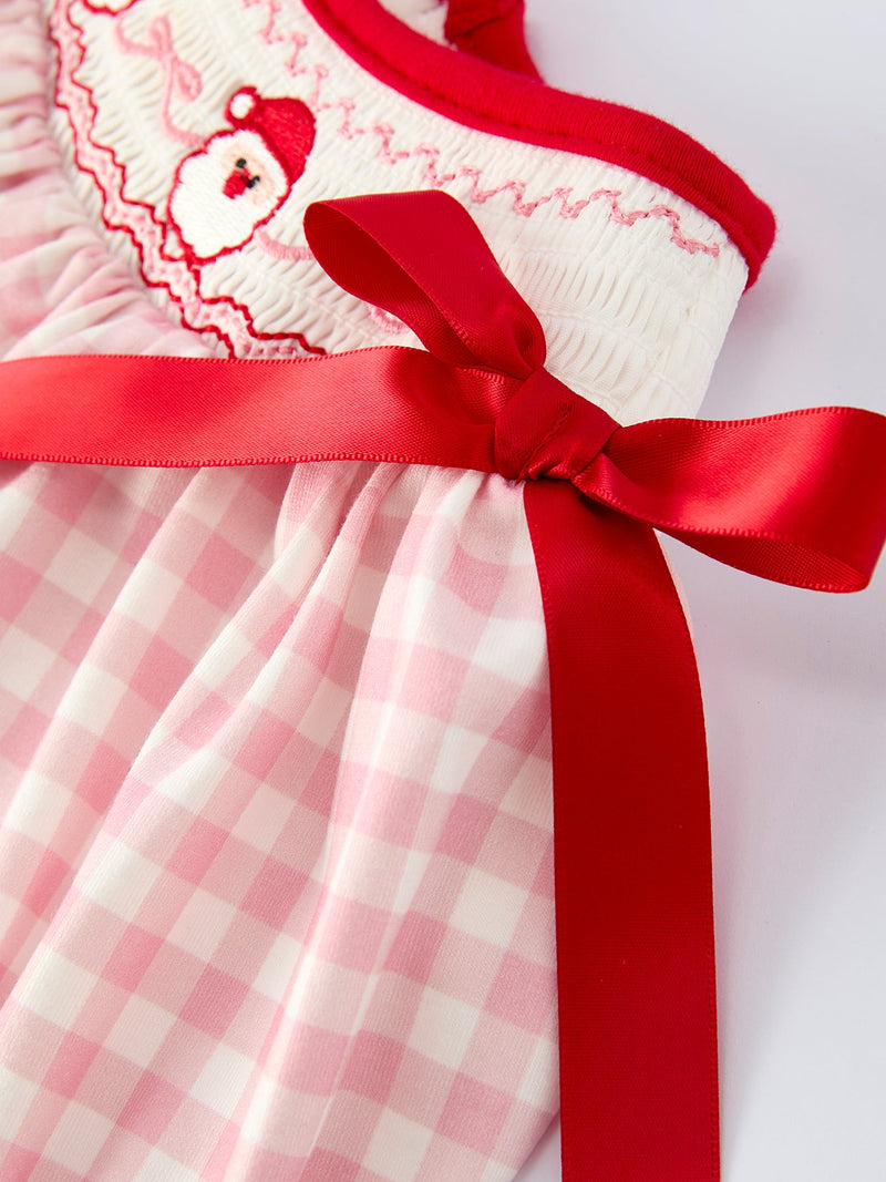 Pink Gingham Christmas Girls Dress: Santa Embroidery with Red Satin Ribbon - 4