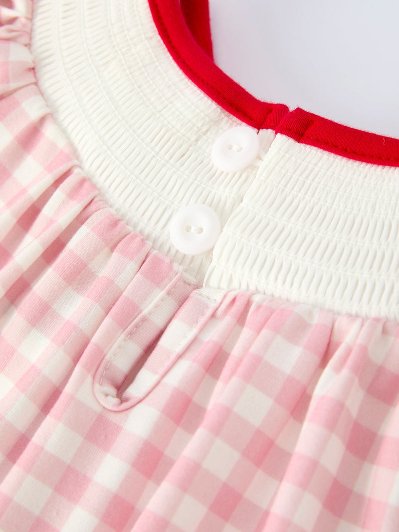 Pink Gingham Christmas Girls Dress: Santa Embroidery with Red Satin Ribbon - 5