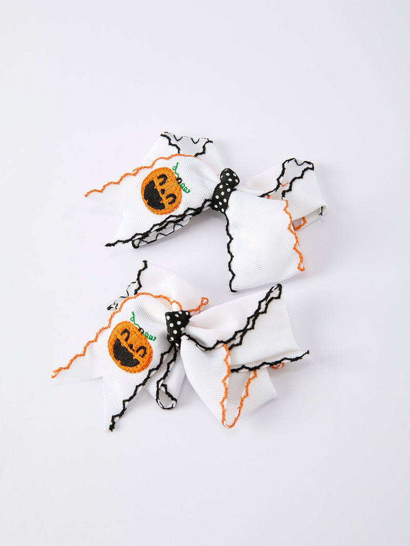Halloween Pumpkin Hair Bows: White Ribbon Design（2PCS） - 4