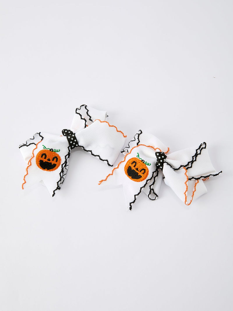Halloween Pumpkin Hair Bows: White Ribbon Design（2PCS） - 3