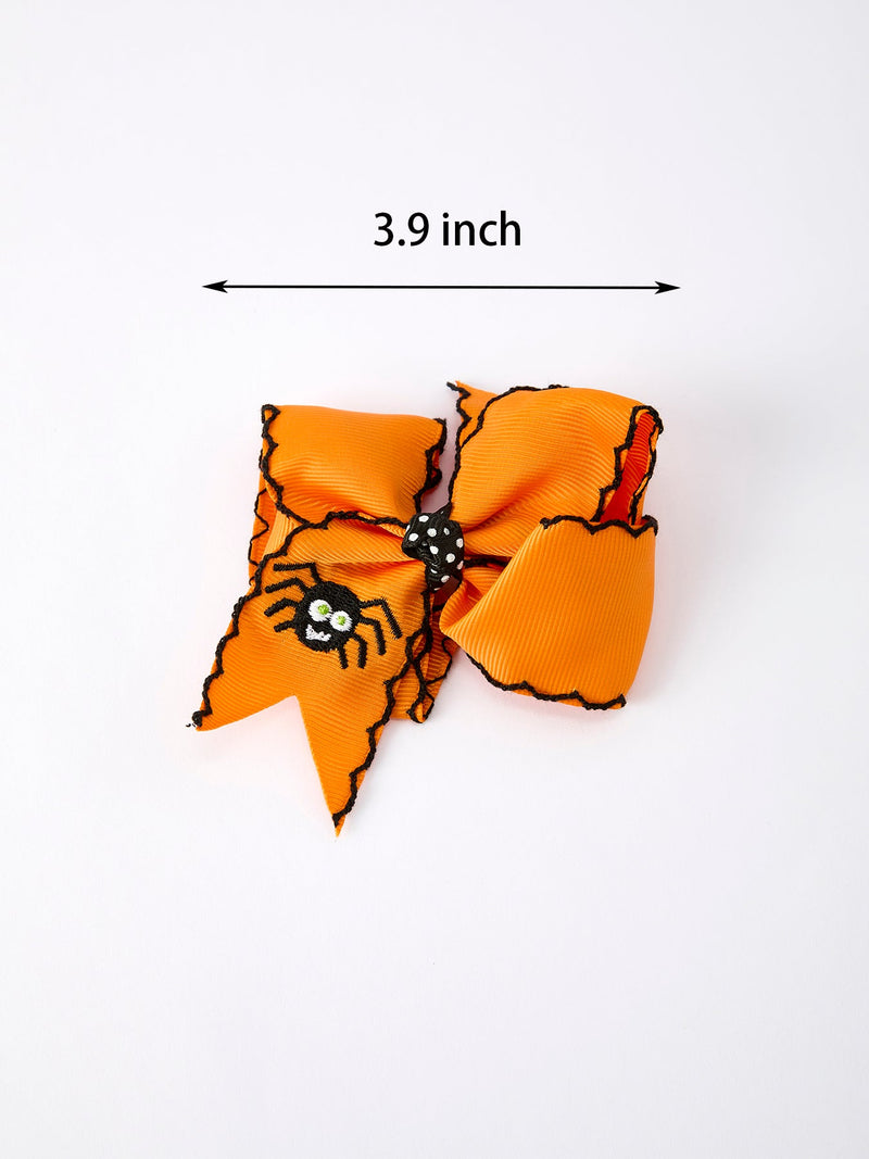 Halloween Spider Hair Bows: Orange Ribbon Design (2PCS) - 3