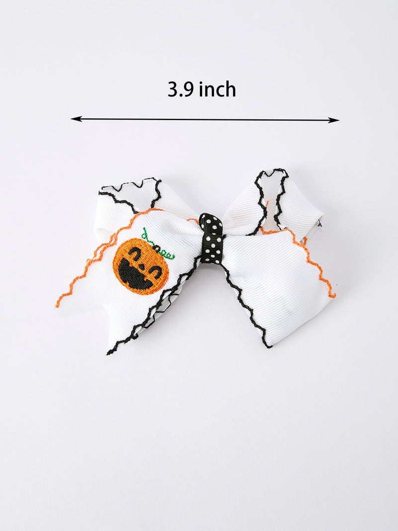 Halloween Pumpkin Hair Bows: White Ribbon Design（2PCS） - 5