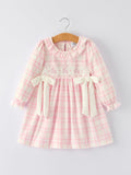 Pink Plaid Ruffle Ballet Shoe Embroidery Long Sleeve Dress - 9