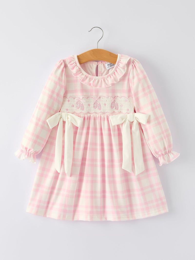 Pink Plaid Ruffle Ballet Shoe Embroidery Long Sleeve Dress - 9