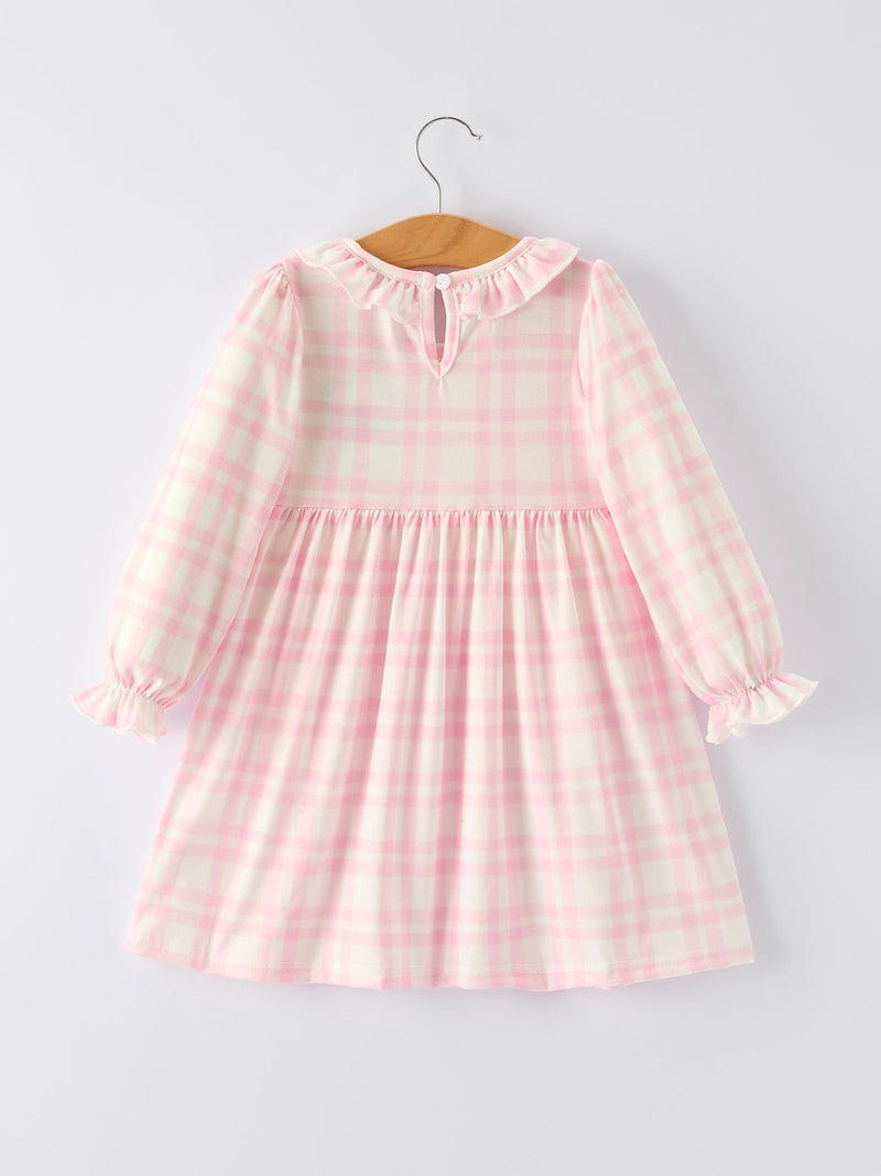 Pink Plaid Ruffle Ballet Shoe Embroidery Long Sleeve Dress - 11