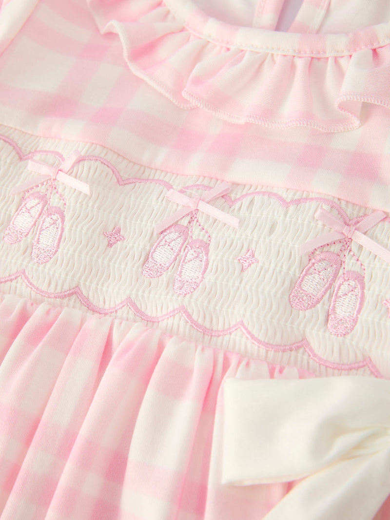 Pink Plaid Ruffle Ballet Shoe Embroidery Long Sleeve Dress - 10