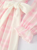 Pink Plaid Ruffle Ballet Shoe Embroidery Long Sleeve Dress - 12