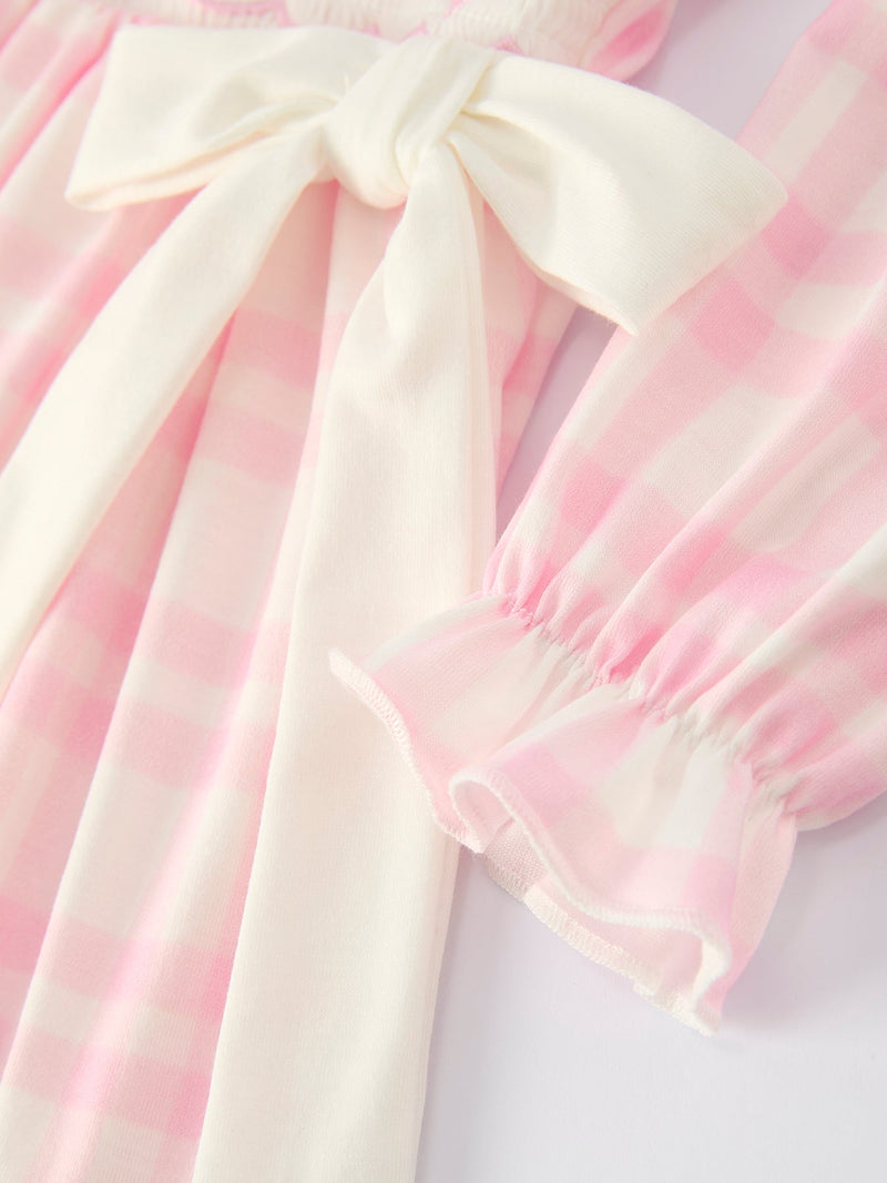 Pink Plaid Ruffle Ballet Shoe Embroidery Long Sleeve Dress - 12